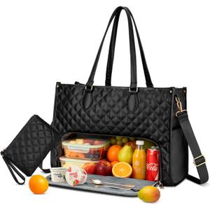 KKXIU Updated 2-in-1 Insulated Lunch Bag & 15.6 Inch Laptop Tote for Women, Large Capacity Thermal Meal Bag with Padded Laptop Compartment, Quilted Work Bag for Office, Teacher, Commuter (Black)