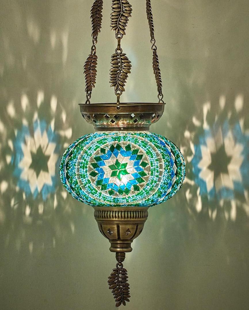 DEMMEX Turkish Moroccan Colorful Mosaic Bohemian Boho Hanging Candle Holder Lantern with Handmade Colorful Glass Globe and Metal Leaf Chains, 24" (Cutsie)