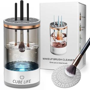 CUBE LIFE Electric Makeup Brush Cleaner, Automatic Spinning Makeup Brush Cleaner, Cosmetic Brush Cleaner For All Size Makeup Brushes Beauty Tools Sets (Brown)