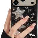 for iPhone 17 Pro Max Case Bling Stars 3D Hearts Diamond Twinkle Star Glitter Y2K Spark Luxury Girly Aesthetic Personalized Design for Women Girls Teens TPU Case, 6.9", Black