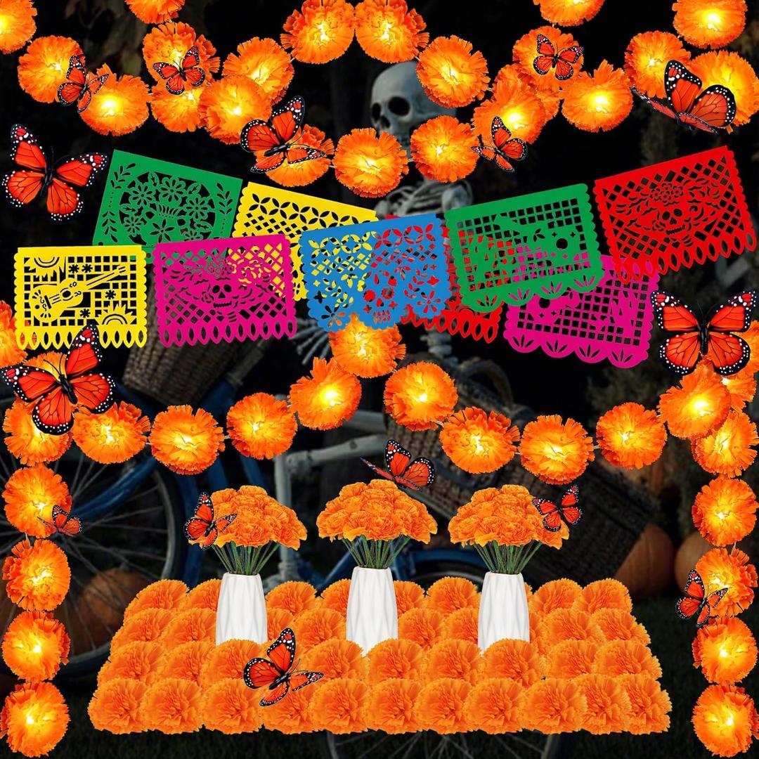 Marigold Garland for Decoration Artificial Marigold Flowers Butterfly for Day of The Dead Decorations Dia De Los Muertos Indian Diwali Altar Halloween Home Indoor Decor (45, Orange)