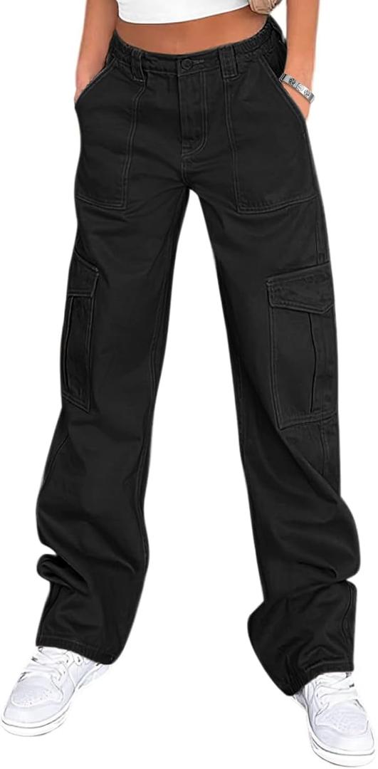 Lepunuo Cargo Pants for Women High Waisted Casual Pants Baggy Stretchy Wide Leg Y2K Streetwear with 6 Pockets (Large, Black)