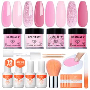 Modelones Dip Powder Nail Kit, 4 Colors Pink Glitter Spring Summer Dipping Starter Set with Liquid and Complete Accessories for French Nails Art Salon DIY at Home Manicure