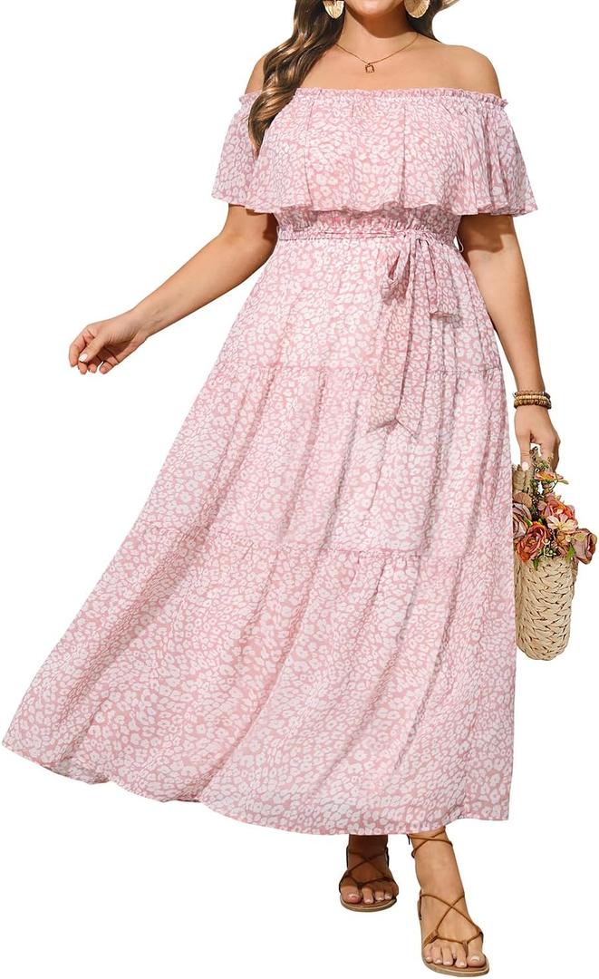 Plus Size Chiffon Off The Shoulder Maxi Long Floral Summer Casual Beach Boho Sundress Women 2024, Pink Floral, W14