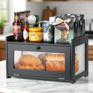 Bread Box for Kitchen Countertop - Wooden Bread Box for Homemade Bread,Large Capacity Bread Storage Container for Kitchen Counter,Easy Assembly & No Smell Bread Holder for Corner,Cabinet,Pantry(Black)