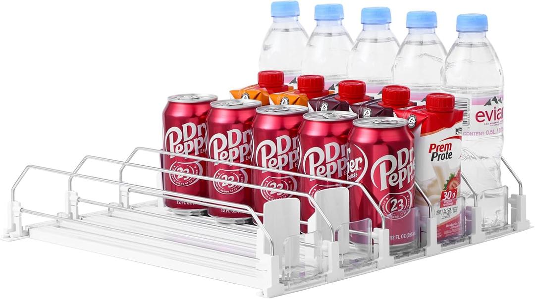 Drink Organizer for Fridge-White Automatic Pusher Glide,12oz 16oz 20oz-Soda Dispenser for Fridge-Holds up to 25 Cans, 38CM