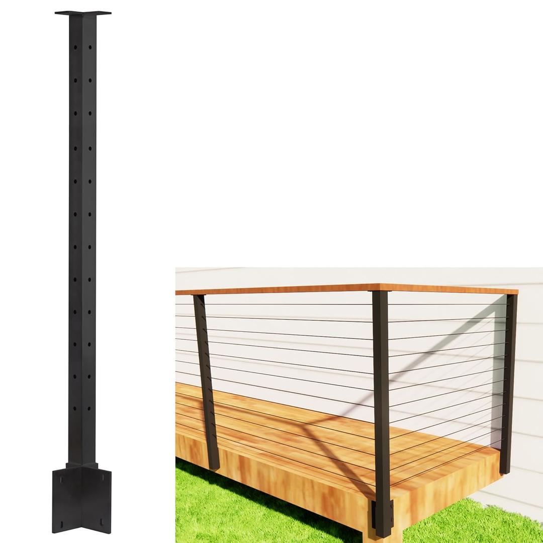 Cable Railing Corner Post Fascia Mount-Stainless Steel Square Weldless 42"x2"x2" Pre-drilled Side Mount Metal Post for Wood Deck, Black 1pcs