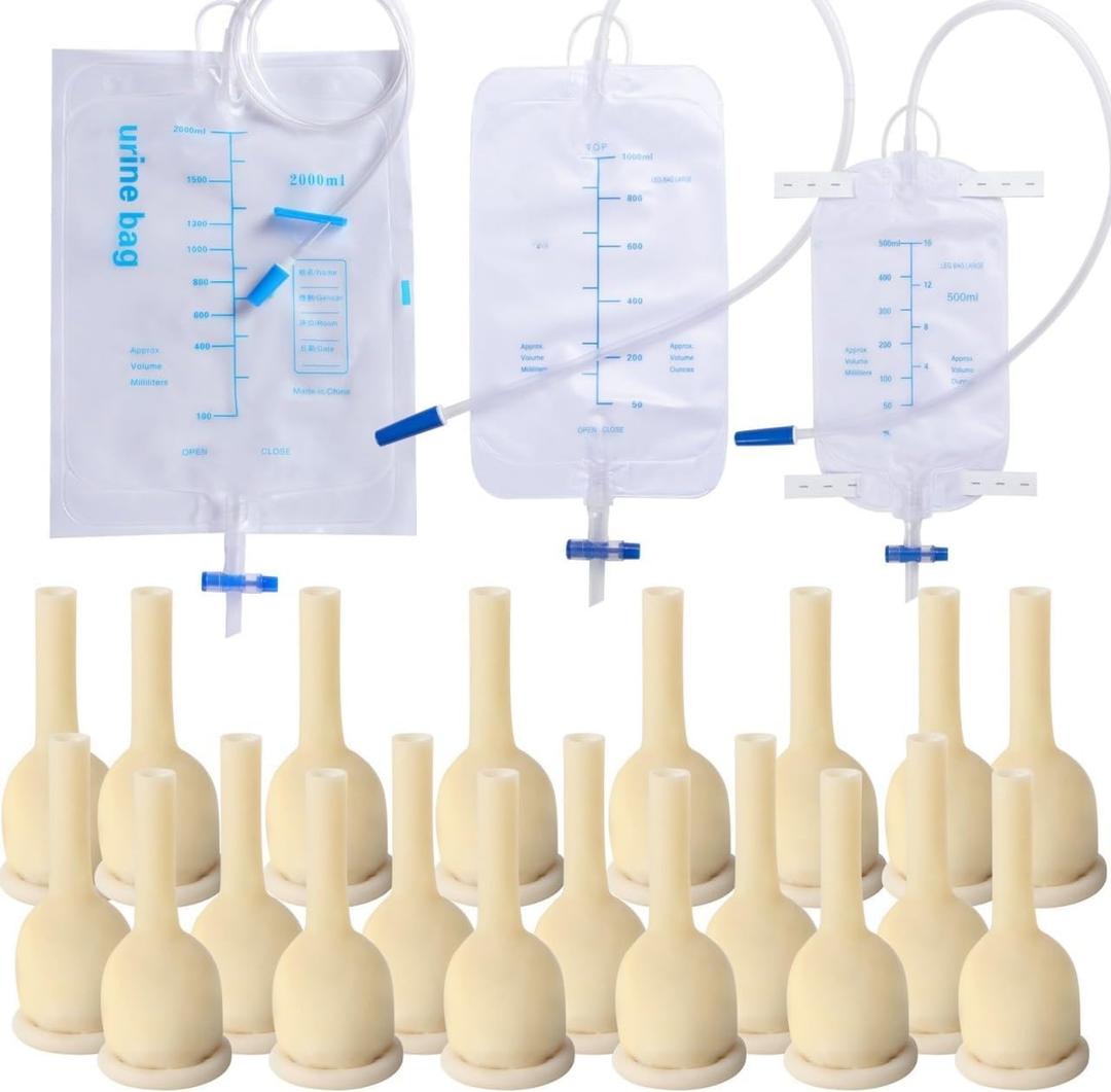 Catheter External Self-Sealing Set, 20 pcs Soft Latex, 1 pcs 500 ml Leg Bag, 1 pcs 1000 ml Urine Bag, 1 pcs Extra Large Catheter 2000 ml Urine Bag - External Catheter for Men, Day and Night Use, 30mm