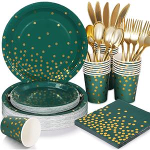 175Pcs Green Plates and Napkins Party Supplies, Green and Gold Party Decorations for Birthday Graduation Party Decorations Serve 25