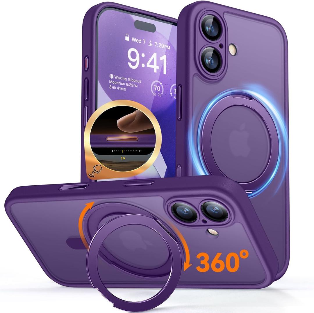 CANSHN 360 Spin Magnetic Stand for iPhone 17 Case with Camera Control [Full Camera Protection] [Compatible with Magsafe] Translucent Matte Shockproof Protective Phone Cover 6.3" - Deep Purple