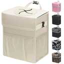 Capolo Car Trash Can with Lid, Leakproof Car Trash Bag Hanging Waterproof Automotive Garbage Can with Storage Pockets Mini Vehicle Trash Bin for Back/Front Seat (Beige,3 Gallon)