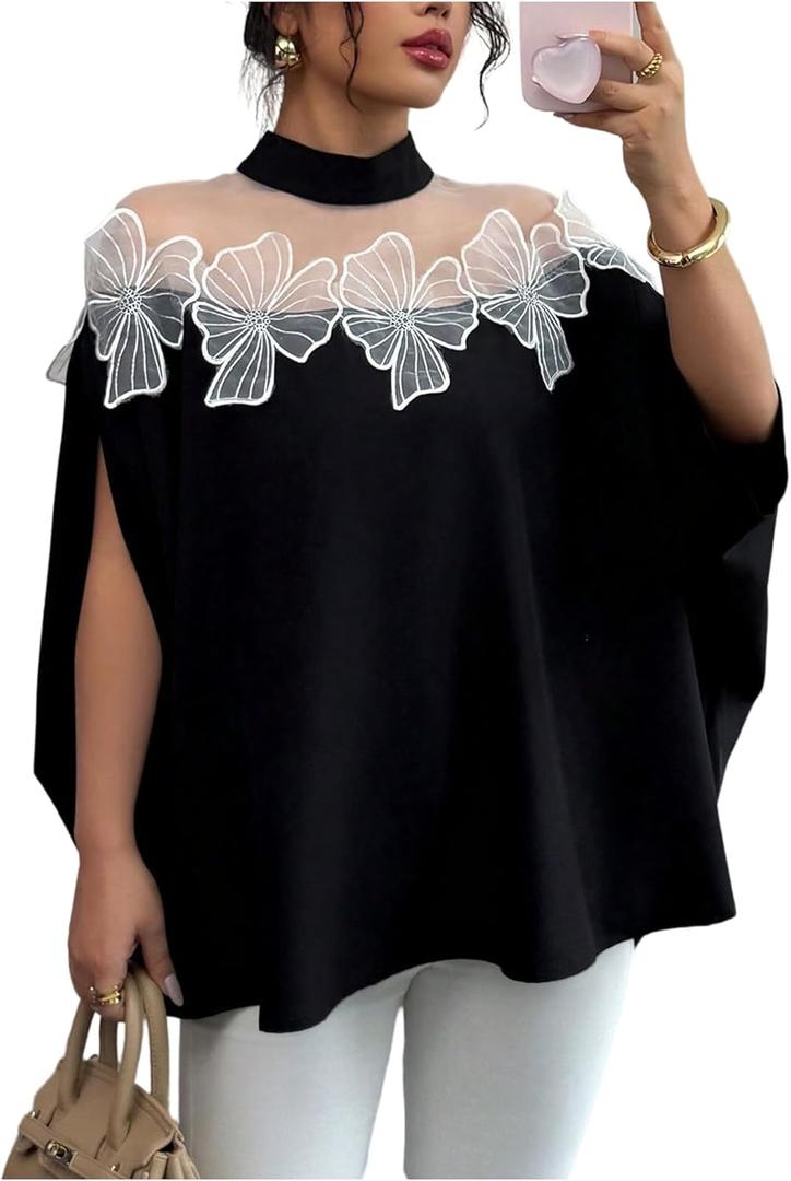 GORGLITTER Women's Mesh Flower Dolman Sleeve Blouses Dressy Casual Mock Neck Summer Patchwork Dress Blouses Shirts (Large, Black)