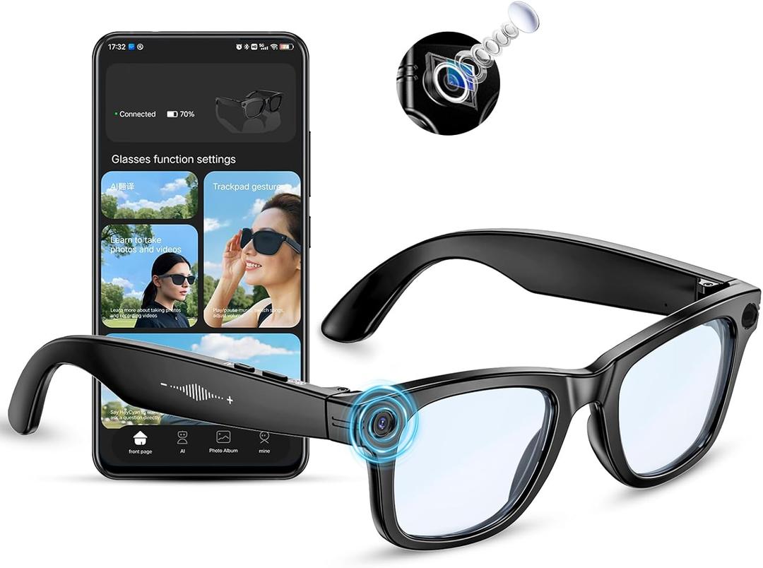 Mingtawn AI Smart Glasses 4K HD Camera, BT Call, 800W Anti-Shake Camera Glasses with Video Recording Dual Mic, Simultaneous Interpretation/GPT Identify Objects, 270mAh Blue Light GlassesBlue Light