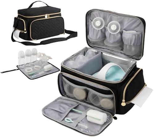 PHOEBUS BABY Breast Pump Bag Compatible with Spectra S1 and S2, Large Insulated Storage with Waterproof Mat, Travel & Work Portable Pump Carrying Case for Pumping Accessories, Black