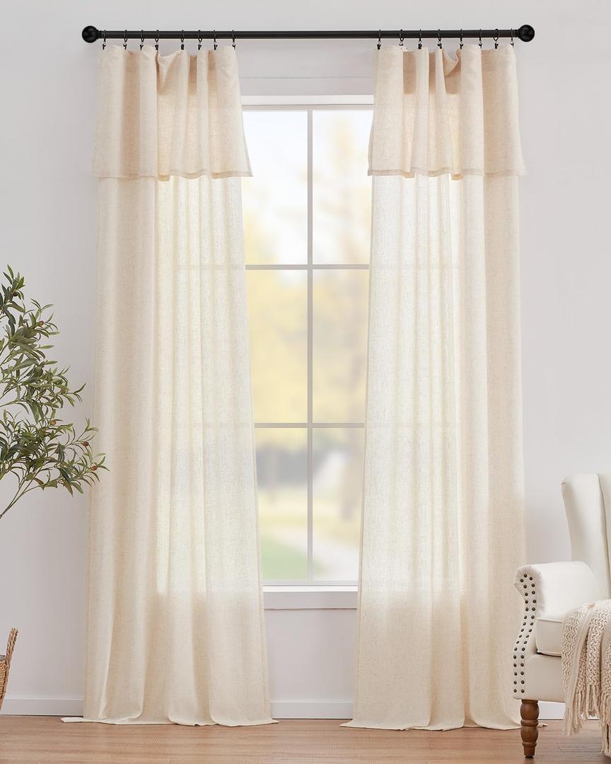jinchan Linen Blend Light Filtering Curtains 38W x 96L Inch Beige for Living Room Farmhouse Boho Curtains Attached Valances Hooks Drapes 2-Panel Set