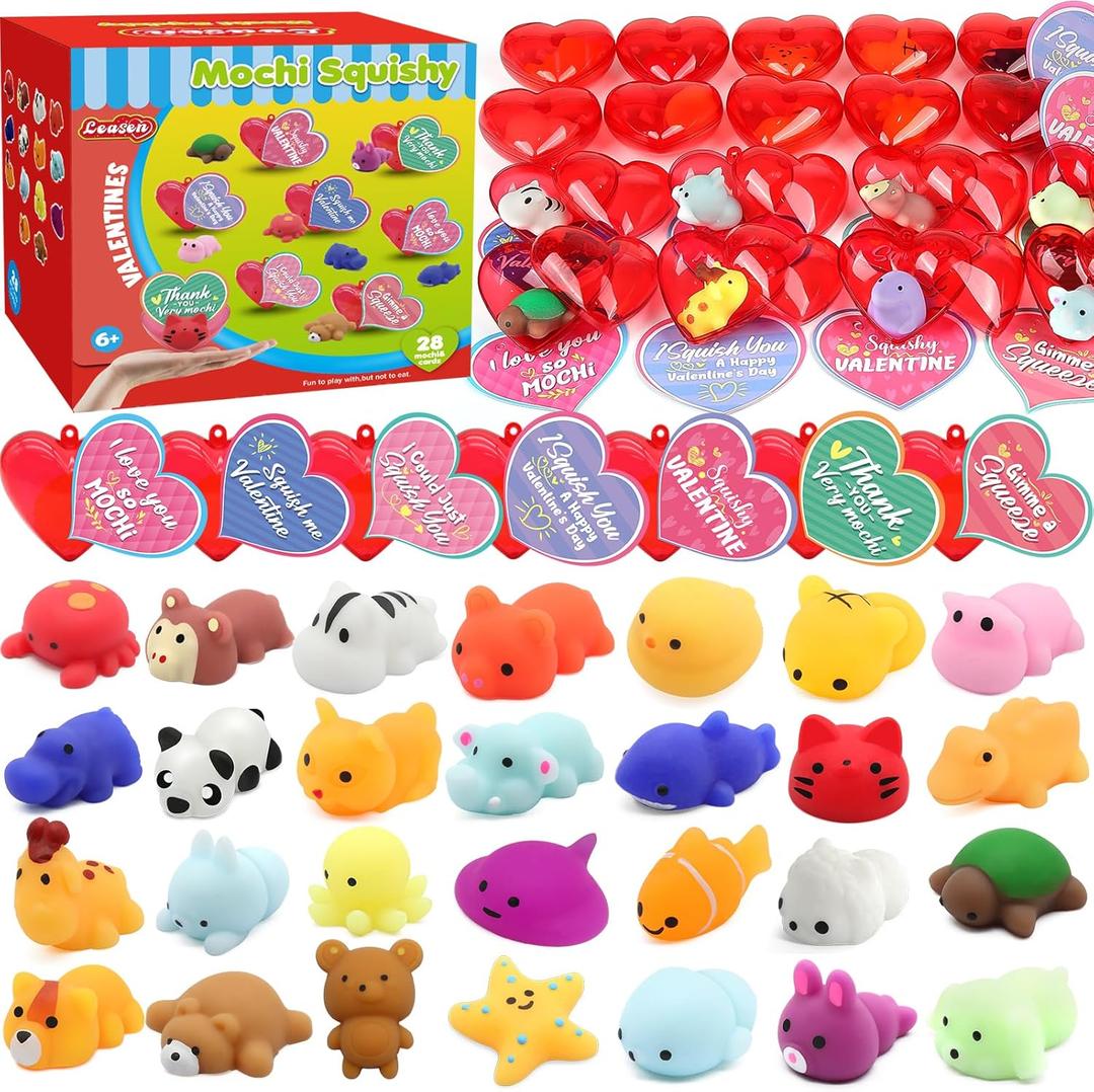 28 Pack Valentines Day Gifts for Kids, Animal Mochi Squishies Filled Heart-Shape Box and Greeting Cards Kawaii Squishies Stress Relief Fidget Toys for Classroom Exchange Gifts Party Favors Prizes