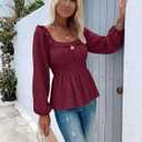 Womens Puff Long Sleeve Babydoll Tops Square Neck Ruffle Peplum Blouse Smocked Loose Fit Tunic Top Dressy Tee Shirts