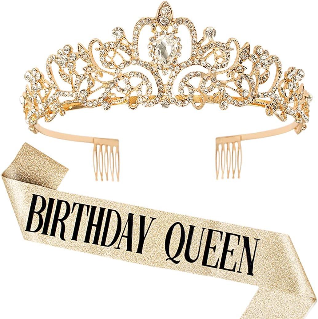 COCIDE Birthday Queen Sash & Rhinestone Tiara Set Silver Birthday Sash and Tiara for Women Birthday Decoration Kit Rhinestone Headband for Girl Glitter Crystal Hair Accessories for Party Cake Topper (4 Gold)
