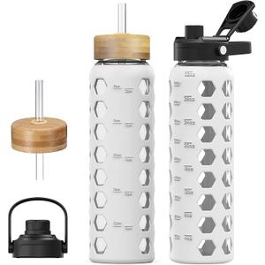 MUKOKO Glass Water Bottles, 32oz Glass Tumbler with Straw, Drinking Bottles with 2 Lids-Handle Spout Lid&Bamboo Straw Lid, Motivational Water Bottle with Time Marker and Silicone Sleeve, 1 Pack-White MUKOKO Glass Water Bottles, 32oz Glass Tumbler with Straw, Drinking Bottles with 2 Lids-Handle Spout Lid&Bamboo Straw Lid, Motivational Water Bottle with Time Marker and Silicone Sleeve, 1 Pack-White