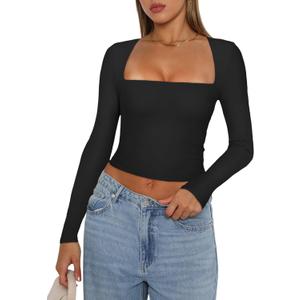 REORIA Women's Basic Sexy Square Neck Long Sleeve Y2K Going Out T Shirt Crop Top (Small, Black)