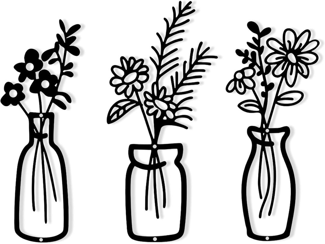 HVEST 3 Pieces Black Metal Flower Wall Art for Living Room, Metal Vase Wall Art for Rustic Farmhouse Kitchen Bathroom Bedroom Home Modern Wall Decor Sculpture