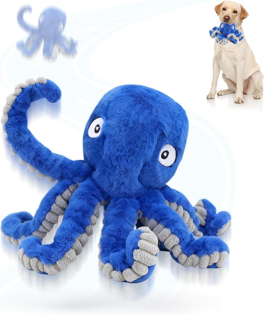 Interactive Dog Octopus Toy, Upgrade Automatic 1.5H Jumping Ball with Motion Activation for Small Large Dogs, 2 in 1 Rechargeable Move & Tug Plush Toy Pets Keep Busy, No Music (Blue Crinkle)