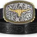 Kids Western Belt for Boys Girls Toddler Youth Genuine Leather Cowgirl Cowboy Belt with Silver Longhorn Buckle (Fits Waist 27"-31", Black)