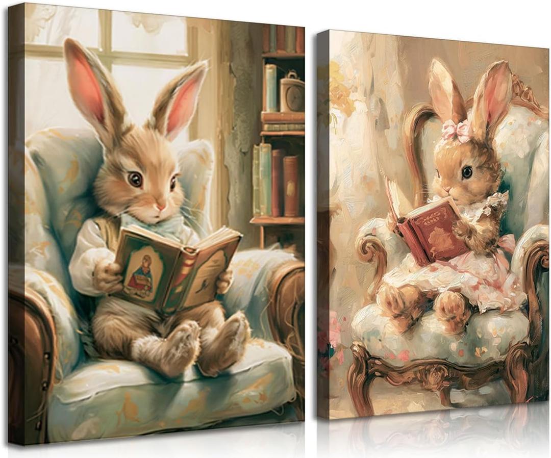 Rabbit Reading Canvas Wall Art Set, Cute Bunny Animal Painting Prints, Vintage Storybook Style Nursery Decor, Whimsical Woodland Wall Decor for Kids Room Bedroom Living Room 12x16in Ready to Hang