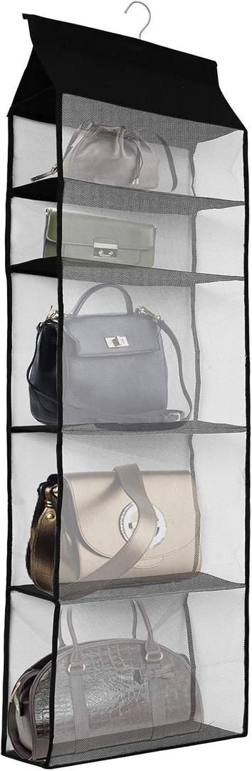Improved Closet Handbag Purse Holder with 5 Large Heavy-Duty Mesh Shelves, Space Saving Hanging Handbag Storage Tote Bag Organizer Holder for Wardrobe Closet(Black)