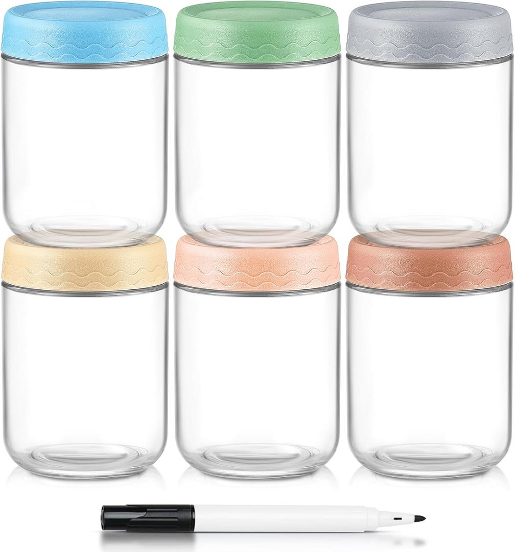 DRKIO 16 Oz Overnight Oats Containers with Lids - 6 Pack Glass Storage Jars with Airtight Lids Wide Mouth Mason Food Jars Great for Meal Prep Salad Chia Pudding Snacks Yogurt Sugar Spice Cereal