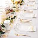 MirthMood 210Pcs Clear and Gold Plates for 30 Guests, Plastic Plates for Party, Includes:30 Dinner, 30 Dessert, 30 Paper Towels with 90 Silverware & 30 Cups