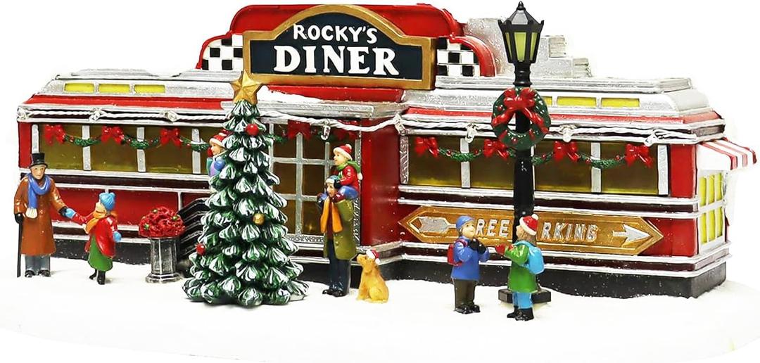 Christmas Village Building, Rocky's Diner, Retro 1950's Diner with LED Lights and Christmas Music - Battery Operated (not included) (optional 4.5V adapter not included) (5.8"H x 13.6"W x 7.1"D)