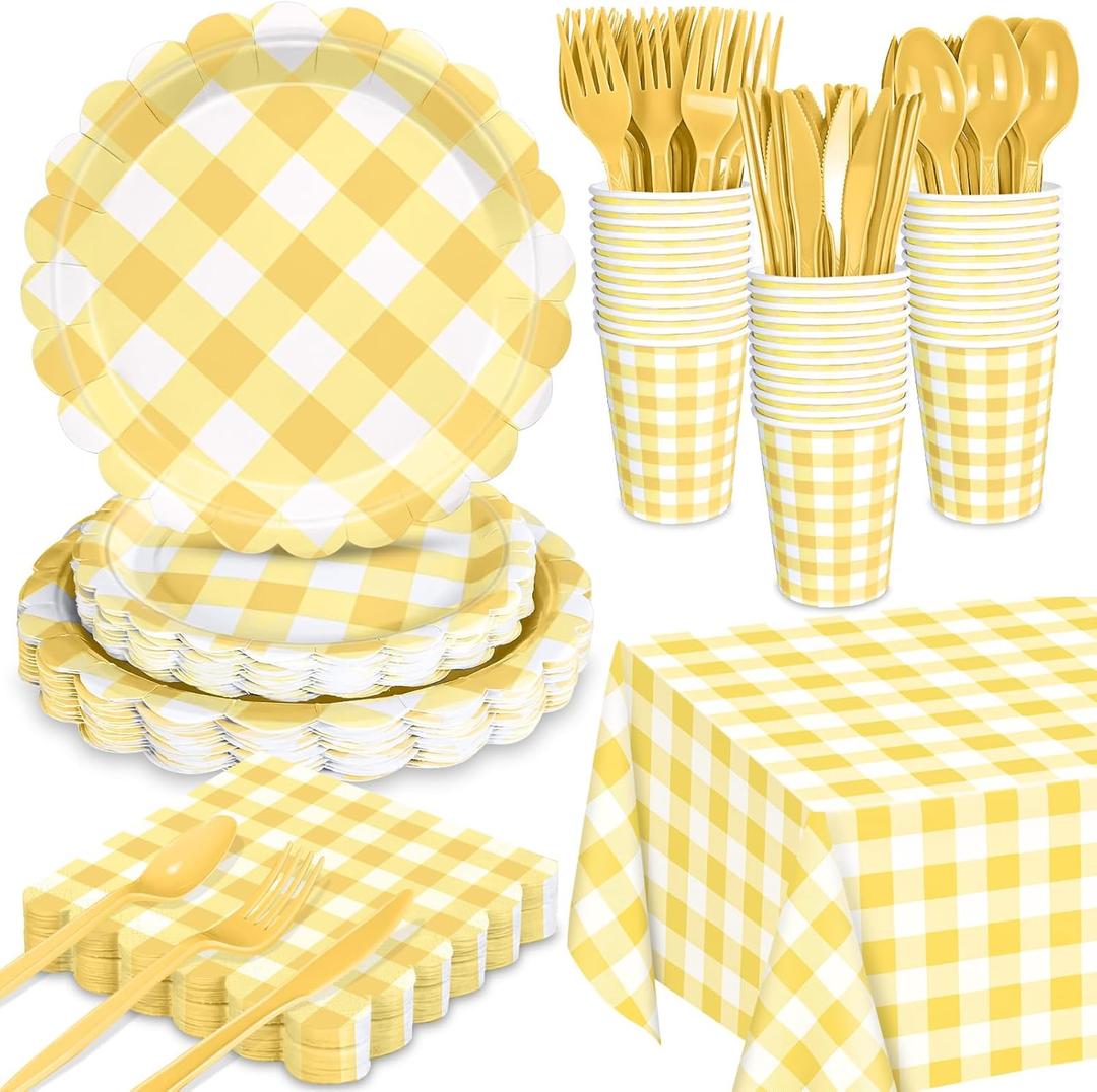 WNINK 176 PCS Yellow Gingham Plates and Napkins, Yellow Checkered Disposable Plates Set with Napkins Cups Plastic Spoons Forks Knives for Dinner Birthday Baby Shower Wedding Supplies
