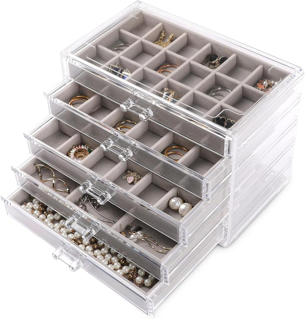 Frebeauty Acrylic Jewelry Organizer Earring Organizer Box with 5 Drawers Earring Holder Organizer with Velvet Trays Clear Jewelry Box for Women Earring Display for Rings Studs(Grey)