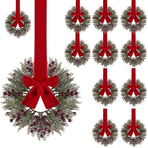 12 Pcs Christmas Kitchen Cabinet Wreaths with Red Berries and Ribbon 13'' Small Christmas Wreath Decorations with Farmhouse Decoration Artificial Hanging Garlands for Front Door Window Wall
