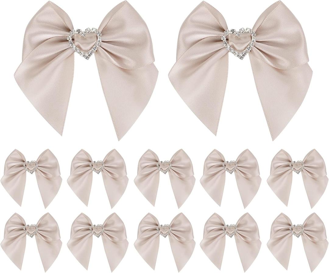 AIMUDI Vanilla Satin Ribbon Bows Sailor Bow with Rhinestone Center 3" Dark Pink Premade Ribbon Bow with Glitter Diamante for Sewing Crafts Gift Wrapping Applique Wedding Favor Decoration - 12 Counts (Champagne)