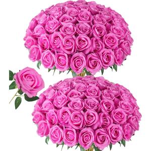 HyeFlora 50 PCS Roses Artificial Flowers, Fake Roses with Stem Realistic Hot Pink Silk Rose for DIY Wedding Bouquets Table Centerpieces Arrangements Baby Shower Birthday Home Decor for Her