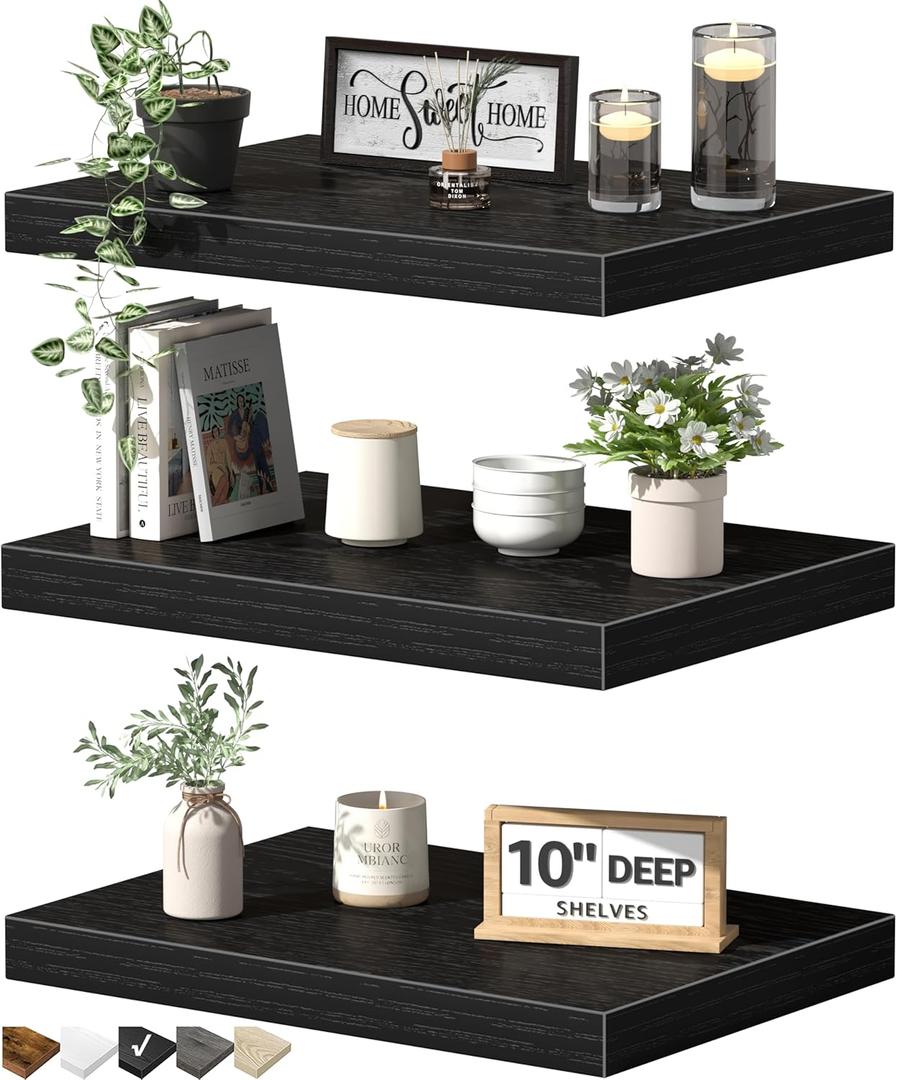 QEEIG 10" Deep Floating Shelves for Wall - 10 x 16 inch Book Shelf Bathroom Bedroom Kitchen Living Room Hanging Bookshelf Farmhouse Set of 3, Black (025-40B3)