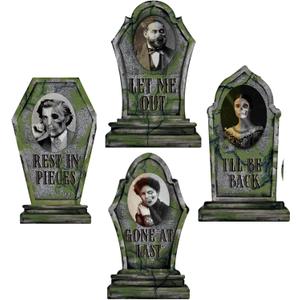 Hiboom 4 Pcs Halloween RIP Graveyard Tombstones with 4 Pcs 3D Changing Face Moving Picture Frame 16.7x13.8 Inch Large Halloween Tombstones Decoration for Yard Garden Lawn(Moss)