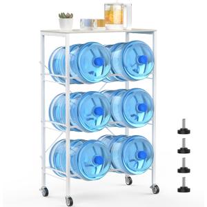3 Tier 5 Gallon Water Jug Holder 6-Tray Water Jug Rack with Top Shelf and 4 Wheels Heavy Duty Movable Water Jug Stand,5 Gallon Water Bottle Holder for Kitchen Office Living RoomWhite