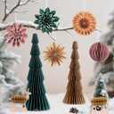 9 Pcs Paper Christmas Tree with Hanging Honeycomb Ornaments, Including 2 Pcs Mini Honeycomb Reindeers, Christmas Honeycomb Decorations for Xmas Home Decor Indoor and Table Centerpiece (Brown&green&pink)