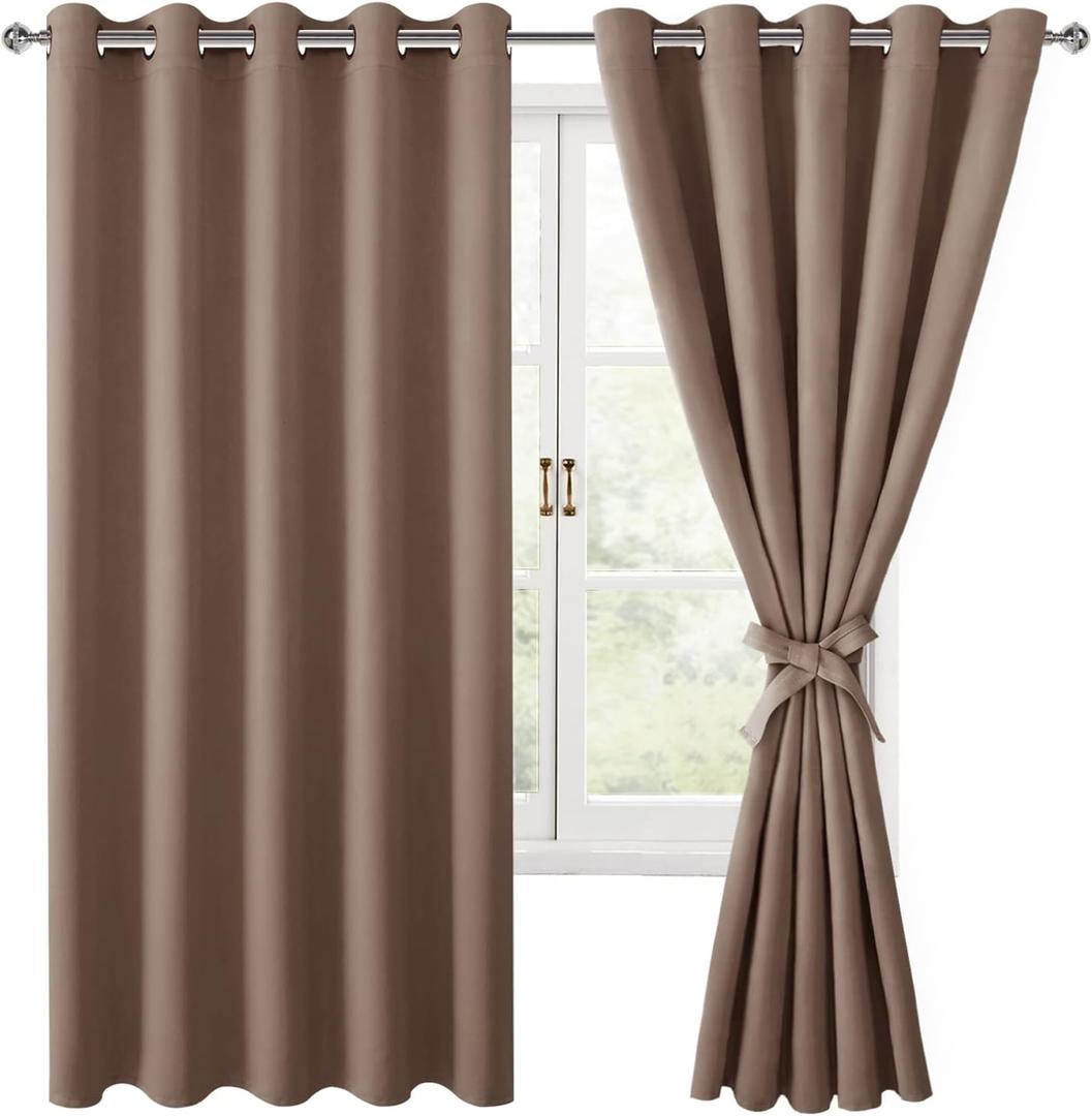 Hiasan Blackout Curtains for Bedroom, 60 x 63 Inches Length - Thermal Insulated & Light Blocking Window Curtains for Living Room, 2 Drape Panels Sewn with Tiebacks, Cappuccino