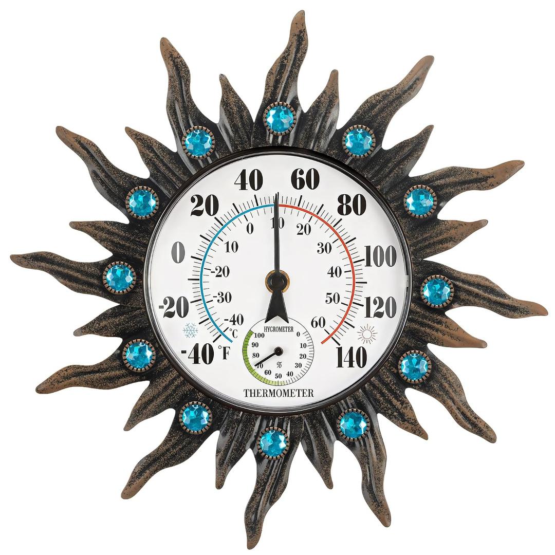 Outdoor Thermometer with Hygrometer, Retro Sun Wall-Mounted Outdoor Thermometers Waterproof Decorative for Patio, Garden, Yard, Room, Large Number Easy to Read No Batteries Required
