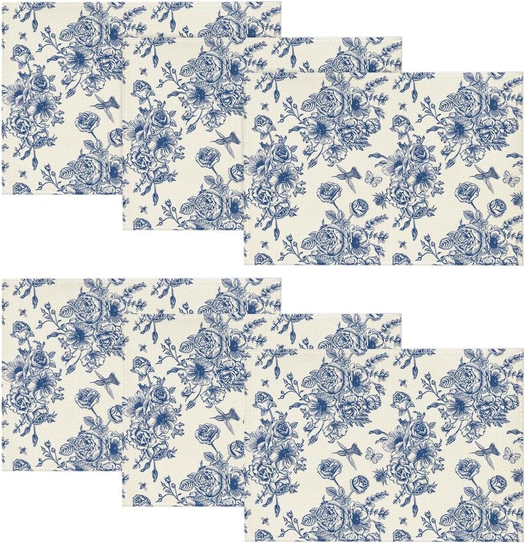 Artoid Mode Navy Blue Floral Chinoiserie Placemats Set of 6, 12x18 Inch Seasonal Table Mats for Party Kitchen Dining Decoration
