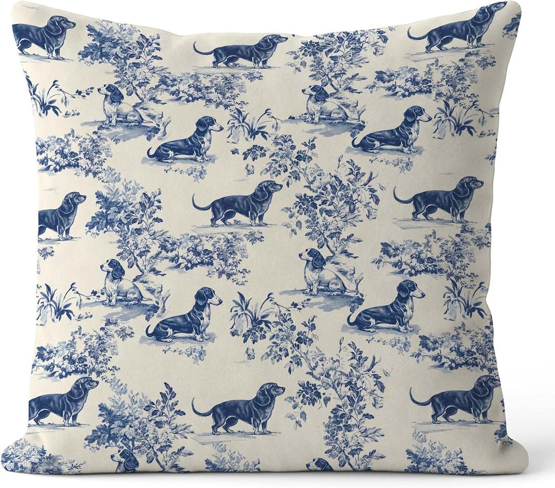 FGFK Blue and White Chinoiserie Dachshund Pillow Covers 18x18, Dachshund Lovers Gifts, Toile de Jouy Sausage Wiener Dog Decorative Throw Pillow Covers for Home Living Room Bedroom Sofa Couch (Color-03)