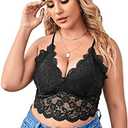 SOLY HUX Women's Plus Size Sexy Floral Lace Scalloped Trim Wireless Bra Adjustable Strap V Neck Everyday Bralette, Black, 3XL