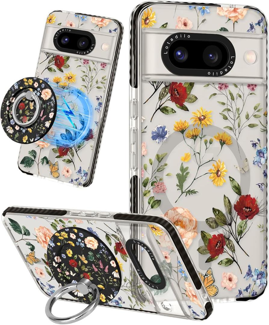 Cute for Google Pixel 8A Case - Compatible with Magsafe Magnetic Ring Holder Stand Kickstand for Women Girls Girly Funny Fashion Pretty TPU Phone Covers Retro Flower Design