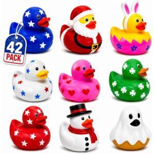 4E's Novelty Rubber Ducks for All Holidays, Bulk Pack of 42 - Includes 6 of Each Holiday, Patriotic July 4 Ducks, Halloween Ducks, Bath Toys for Kids, Gift for Jeep Owners, Jeep Ducking