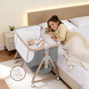 Baby Bassinet, 3 in 1 Bassinets Bedside Sleeper with Waterproof Sheets, Breathable Mesh, 6 Adjustable Height Bedside Bassinet for Baby with Wheels, Storage Basket, Gray | Sturdy and safe, Breathable material, Easy to move, with a crib sheet, soft mattress, bedside sleeper