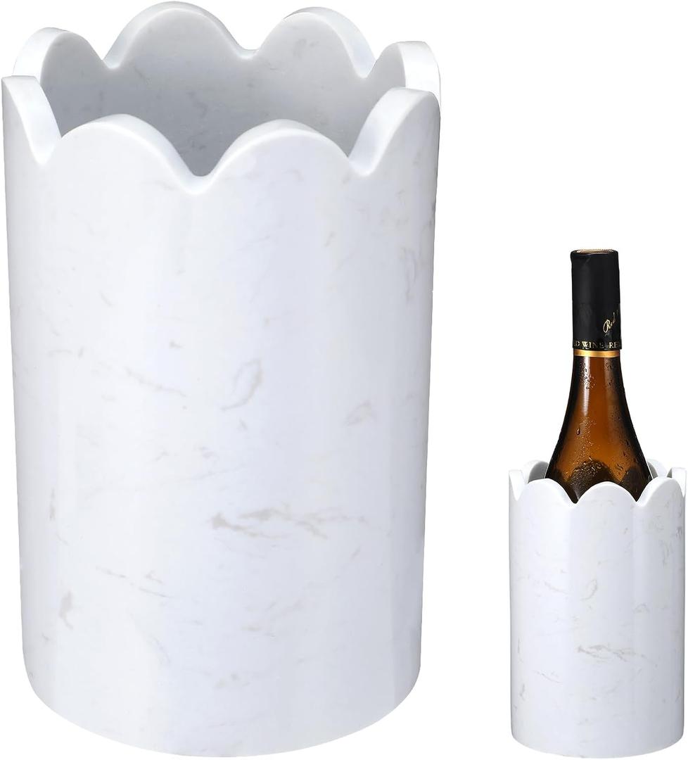 CroBlissful Scalloped Marble Wine Chiller 750ml Wine Bottle Chiller Bucket White Champagne Cooler Tabletop Keep Champagne Cold Marble Utensil Holder for Kitchen Dinner Bar Counter Decor Party Gifts